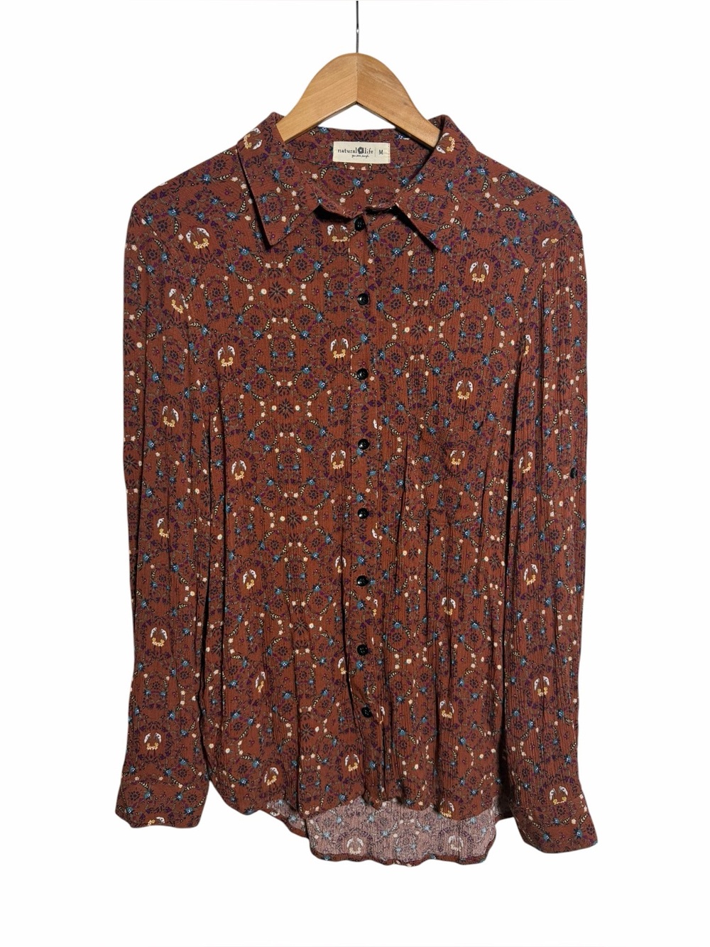 Long-Sleeve Brown Printed Button-Up Shirt